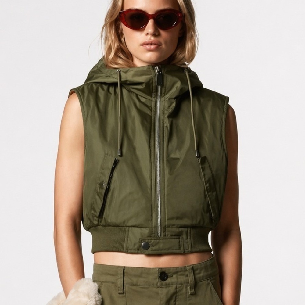 ZARA NEW Cropped Nylon Hooded Zip Front Olive Utility Puffer Vest SZ XL Gorpcore
